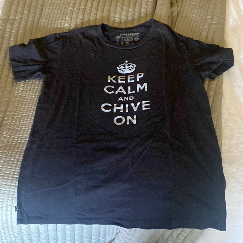 Keep Calm and Chive on black tshirt size large